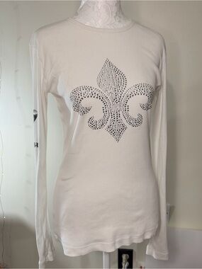 White Long-Sleeve Rhinestone Fleur-de-Lis Top Size L